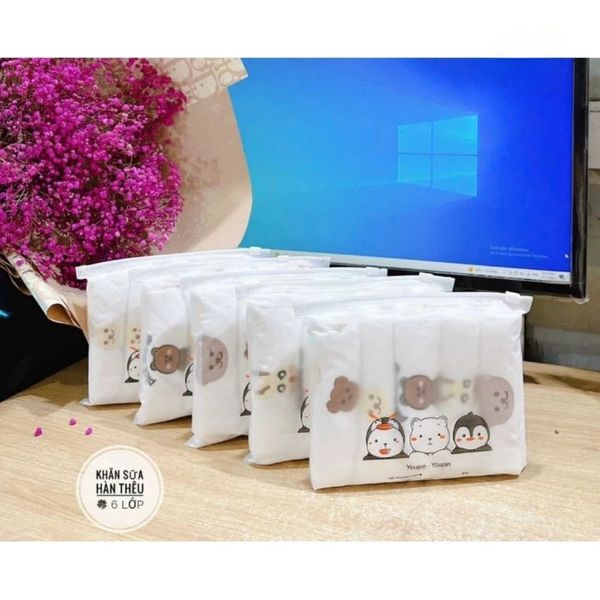 Set 5 Khăn Sữa Xô In Gấu Youpin, Mềm Mại, An Toàn Cho Bé