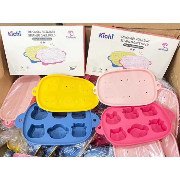 Khay Trữ Đông silicone KICHI, Bảo Quản Đồ Ăn Cho Bé, Kèm Nắp Đậy Có 6 Ngăn Hình Thú