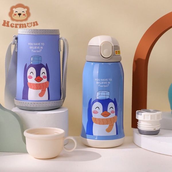 Bình Nước Hermon Giữ Nhiệt 600ml, 2 Nắp Có Ống Hút Cho Bé Đi Học, Nhà Trẻ, Mầm Non Và Đi Chơi