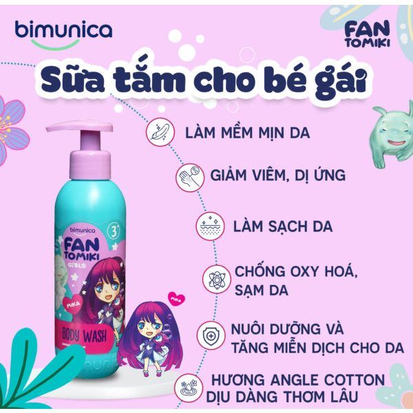 Sữa Tắm Cho Bé Gái Bimunica Fantomiki Cho Bé Gái Từ 3 Tuổi – 250ml Không Cay Mắt, Làm Sạch, Làm Mềm
