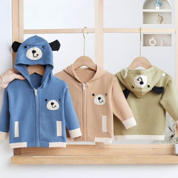 Áo Khoác Len Có Mũ Bé Trai Hình Gấu, Áo Khoác Cho Bé Mặc Thu Đông