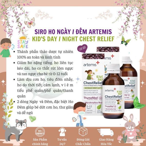 Siro Ho Ngày Artemis Kids Chest Relief Day - Từ 0-12 Tháng, Diụ Các Cơn Ho, Tan Đờm, Tăng Hệ Miễn Dịch - 100ml