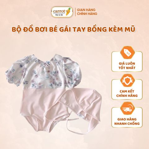 Bộ Đồ Bơi Bé Gái Tay Bồng Kèm Mũ, Đồ Bơi Body Bé Gái Đi Biển