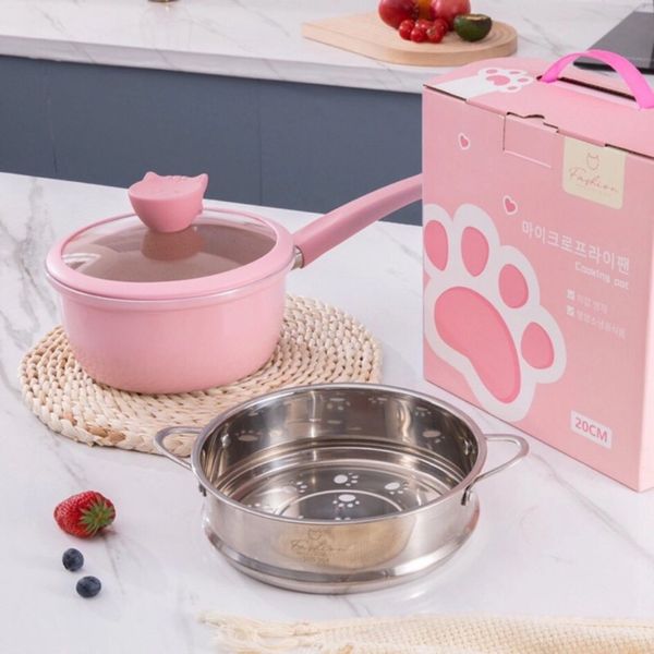 Bộ Nồi Xửng Hình Mèo Fashion, Bộ Nồi Chảo Đá Nấu Ăn Dặm Cho Bé
