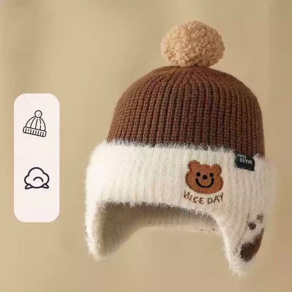 Mũ Len Bịt Tai Mùa Đông Cho Bé Có Hình Gấu Thêu Dễ Thương, Mũ Len Cho Bé Trai Bé Gái