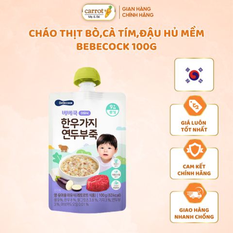 Cháo Tươi Ăn Liền Bebecock Thịt Bò, Cà Tím, Đậu Hủ Mềm 100G Cho Bé Từ 9M+