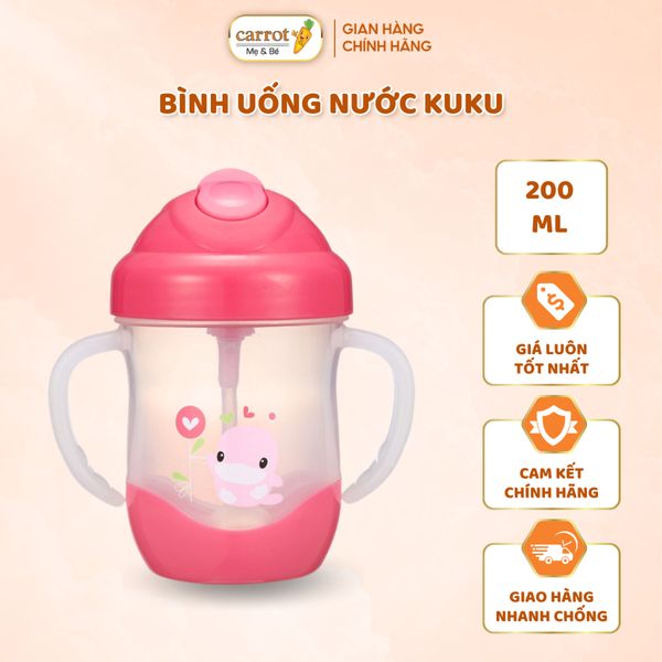 Bình Uống Nước Có Ống Hút Tay Cầm KUKU 200ML Màu Hồng
