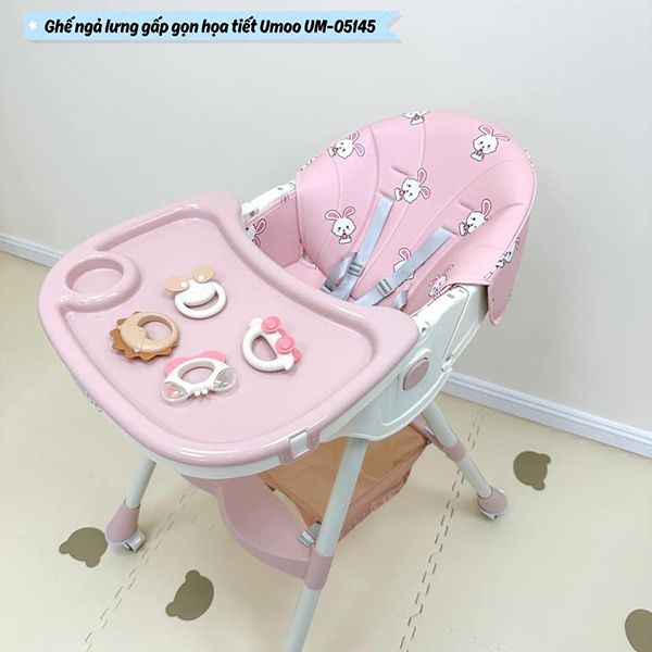 Ghế Ăn Dặm Ngả Lưng Gấp Gọn UMOO Màu Hồng Họa Tiết Thỏ - UM-05145