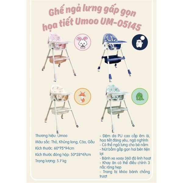 Ghế Ăn Dặm Ngả Lưng Gấp Gọn UMOO Màu Hồng Họa Tiết Thỏ - UM-05145