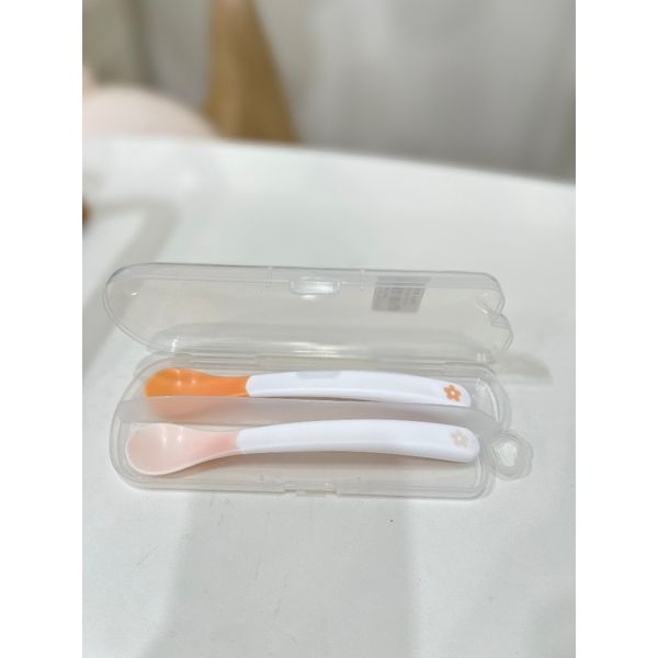 Set 2 Thìa Báo Nóng Hồng, Cam, Muỗng Ăn Dặm Cho Bé Kèm Hộp