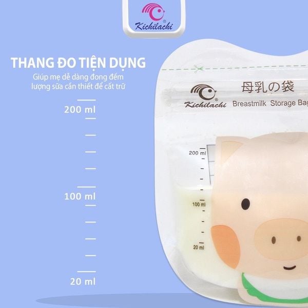 Túi Trữ Sữa Kichilachi 200ml- Cảm Biến Nhiệt Độ, Có Khóa Zip Chắc Chắn Chống Rò Rỉ