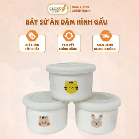Bát Sứ Ăn Dặm Coco Bear Hình Gấu Xuất Hàn, Có Chia Vạch Và Nắp Đậy