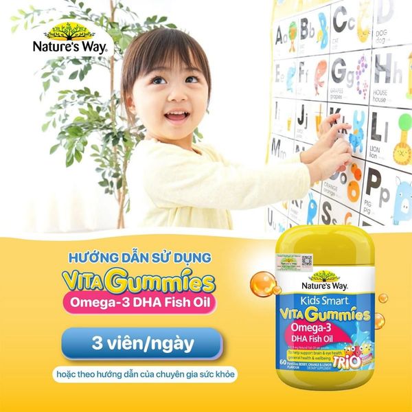 Kẹo Dẻo  Omega-3 DHA Fish Oil Nature's Way Kids Smart Vita Gummies Hộp 60 Viên Giúp Tăng Cường Trí Thông Minh Cho Bé