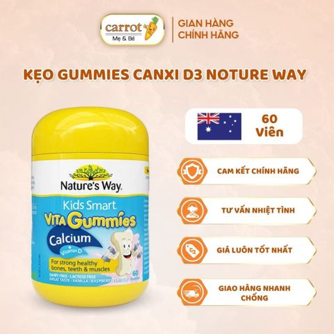 Kẹo Dẻo Canxi Cho Bé Nature’s Way Kids Smart Vita Gummies Calcium + Vitamin D 60 Viên
