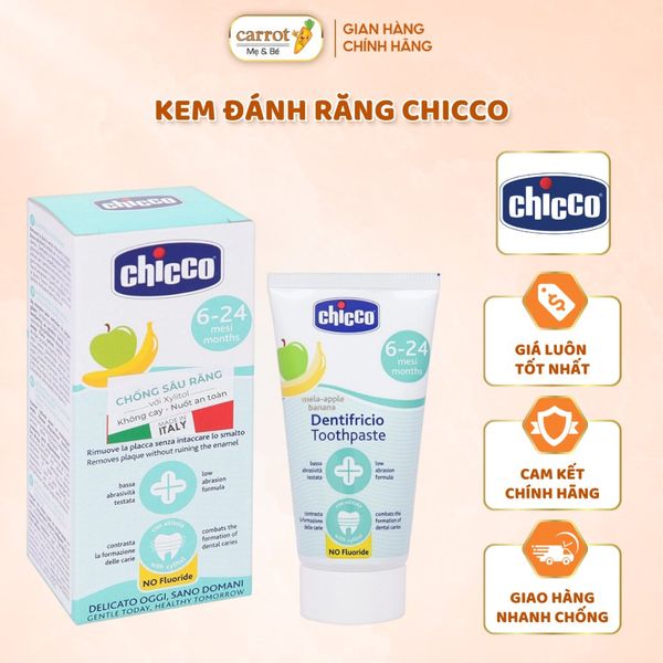 Kem Đánh Răng CHICCO Cho Bé Từ 6M+ Đến 5 Tuổi Hương Chuối Và Táo, Hương Dâu 50ML