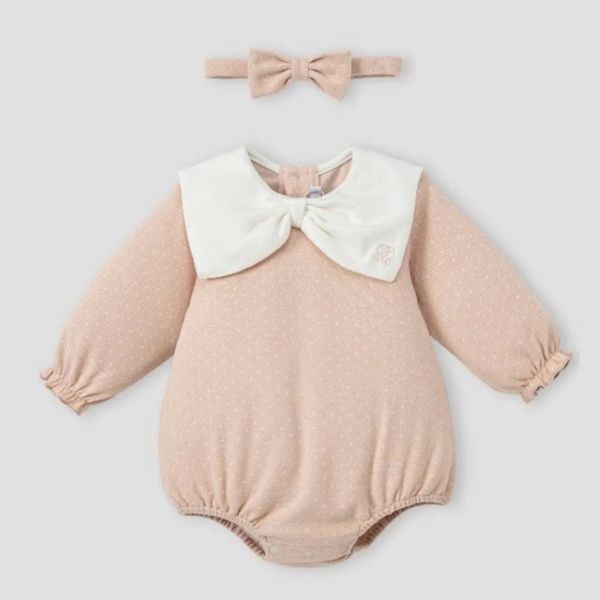 Set Body Dài Kèm Băng Đô Nơ Hồng Chấm Bi Nous 0-12M