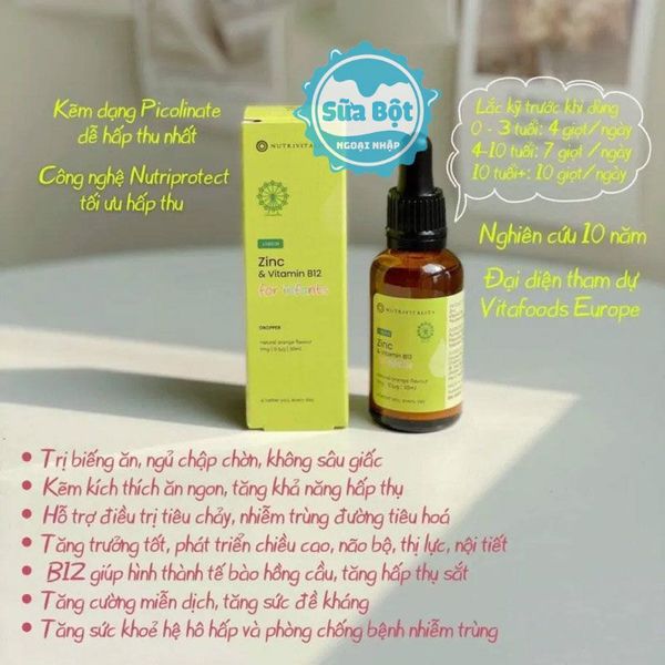 Kẽm Giọt Nutrivitality Zinc Bổ Sung Vitamin B12 Tăng Sức Đề Kháng Cho Bé Hộp 30ml