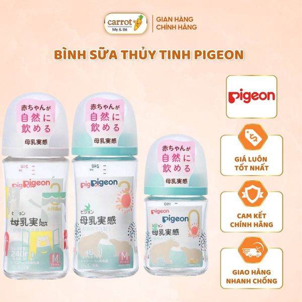 Bình Sữa Thủy Tinh Pigeon Nội Địa Nhật Thế Hệ 3 Đủ Size 160ML, 240ML