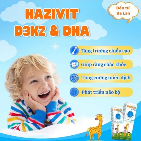 Hazivit Spray D3K2 & DHA, Giúp Phát Triển Chiều Cao, Tăng Cường Hệ Miễn Dịch, Phát Triển Não Bộ