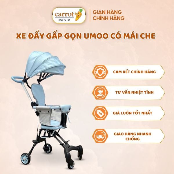 Xe Đẩy Gấp Gọn UMOO - Có Mái Che, An Toàn Cho Bé, Đệm Ngồi 4 Mặt - 40Kg