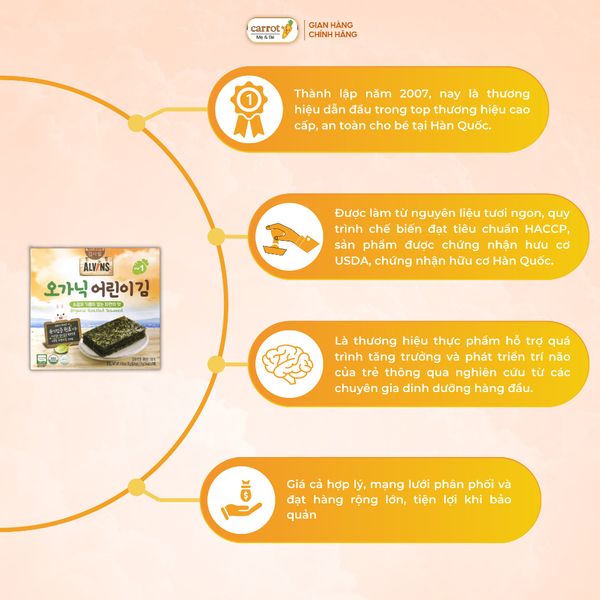 Rong Biển Tách Muối Hữu Cơ ALVINS Hàn Quốc Cho Bé Ăn Dặm