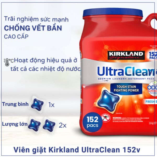 Viên Giặt Quần Áo KIRKLAND ULTRA CLEAN 152 Viên, Viên Giặt Xả Kháng Khuẩn Mỹ