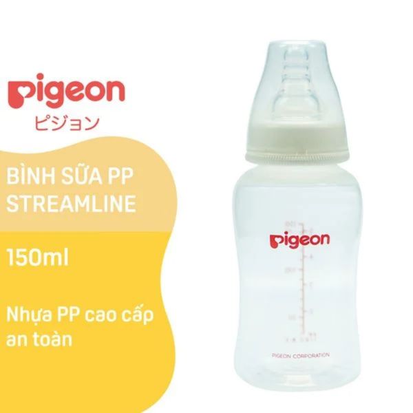 Bình Sữa Pigeon Streamlines 150ML, Nhựa PP BPA Free Cổ Hẹp