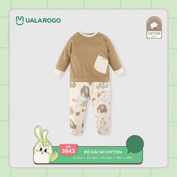 Bộ Dài Tay Nỉ Cotton Cho Bé UALA ROGO 3643, Set Bộ Dài Tay Cho Bé 9-48M