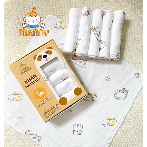 Set 5 Khăn Sữa Sợi Tre Cho Bé Manny 100% Bamboo Organic 30x30cm, Mềm Mịn, Thấm Hút Tốt