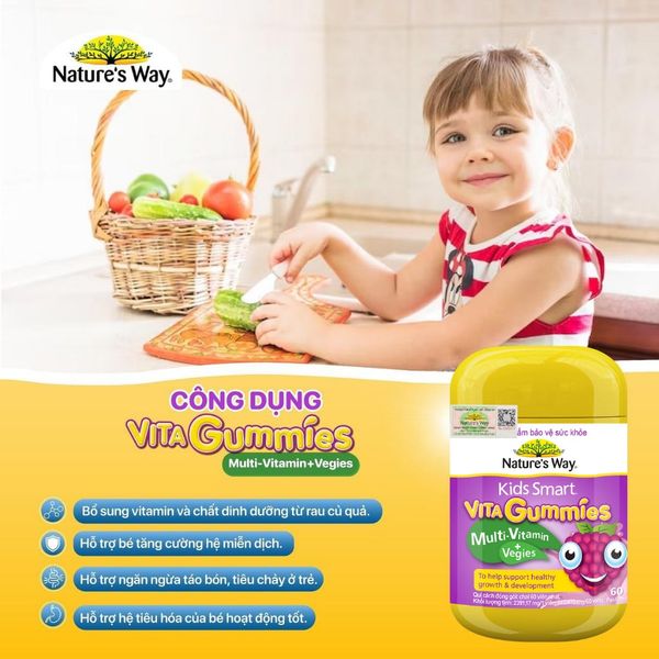 Kẹo Dẻo Vi Chất Vitamin Nature's Way Vita Gummies MultiVitamin+Vegies Bổ Sung Vitamin Và Chất Xơ Cho Bé Hộp 60 Viên