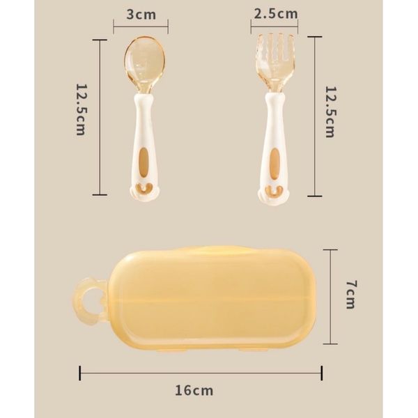 Sét Thìa Nĩa Màu Vàng Uốn Cong 360 Độ Kèm Hộp Đựng Cho Bé