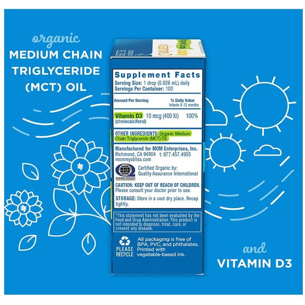 Vitamin D Hữu Cơ MOMMY'S BLISS 400IU Organic Drops 3.24ml, Dành Cho Trẻ Sơ Sinh