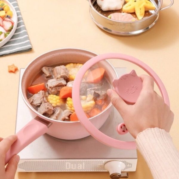 Bộ Nồi Xửng Hình Mèo Fashion, Bộ Nồi Chảo Đá Nấu Ăn Dặm Cho Bé