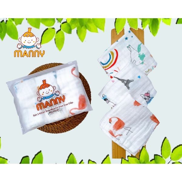 Set 3 Khăn Sữa Manny Kháng Khuẩn, Nấm Móc, Khăn Sữa Sợi Tre Mềm Mại, Thấm Hút Tốt