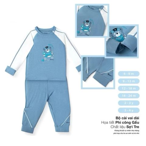 Bộ Dài Tay Vai Phối Tay Trắng Avaler AV240130, Bộ Quần Áo Cho Bé Trai Bé Gái 6M-4 Tuổi