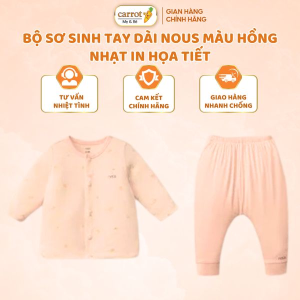 Bộ Sơ Sinh Tay Dài Nous Màu Hồng Nhạt In Họa Tiết 0-6M