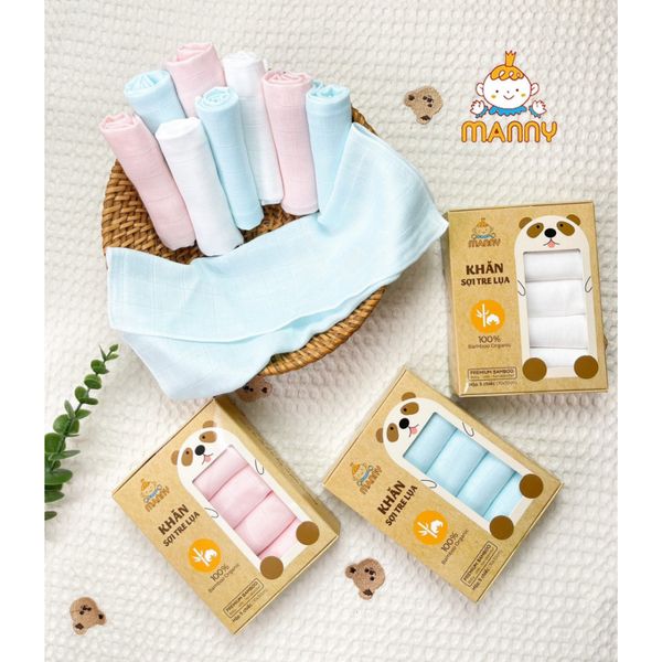 Set 5 Khăn Sữa Sợi Tre Cho Bé Manny 100% Bamboo Organic 30x30cm, Mềm Mịn, Thấm Hút Tốt