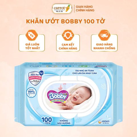 Khăn Ướt Bobby 100 Tờ - Không Paraben, Khôn Alcohol, Không mùi