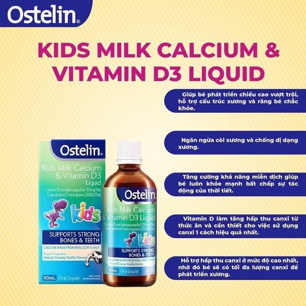 Canxi Và Vitamin D3 200IU Dạng Sữa Nước Ostelin Kids Milk Calcium & Vitamin D3 Liquid 90ml Của Úc Cho Bé 7M+