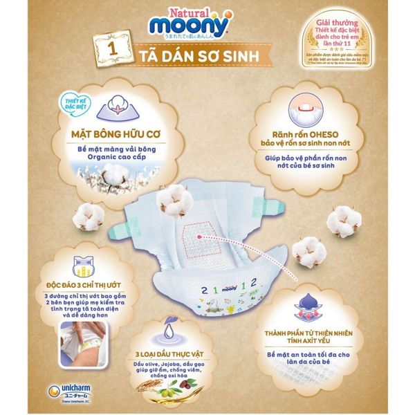 Tã - Bỉm dán Moony Natural size Newborn 62 miếng (~5000g)