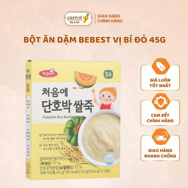 Bột Ăn Dặm Bebest Vị Bí Đỏ Hàn Quốc 45G, Bột Gạo Dinh Dưỡng Nấu Cháo Cho Bé Từ 4M+