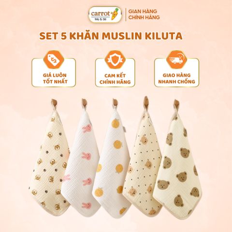 Set 5 Khăn Sữa Kiluta 4 Lớp Vải Muslin Hàn, Mềm Mại Cho Bé