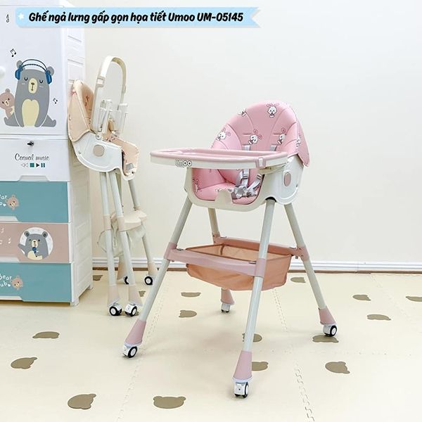 Ghế Ăn Dặm Ngả Lưng Gấp Gọn UMOO Màu Hồng Họa Tiết Thỏ - UM-05145