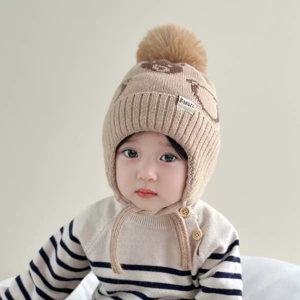 Mũ Nón Bịt Tai Mùa Đông Hoạ Tiết Gấu Cho Bé Trai Bé Gái, Có Dây Buộc