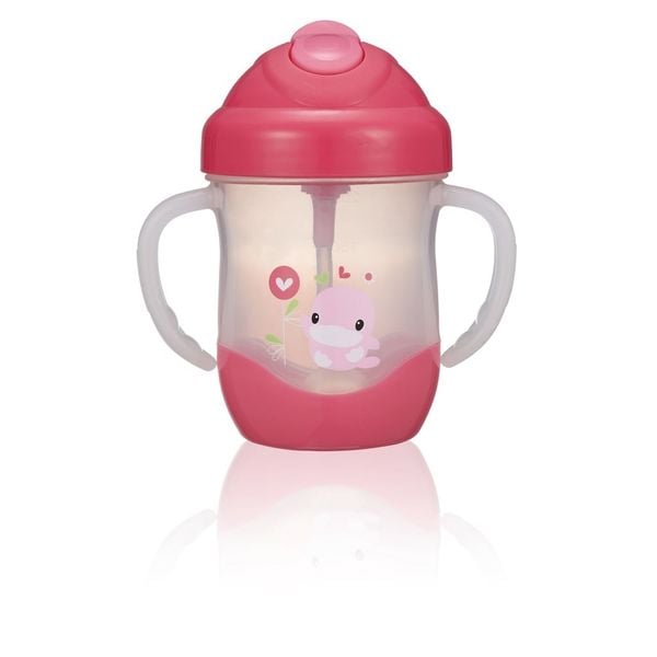 Bình Uống Nước Có Ống Hút Tay Cầm KUKU 200ML Màu Hồng