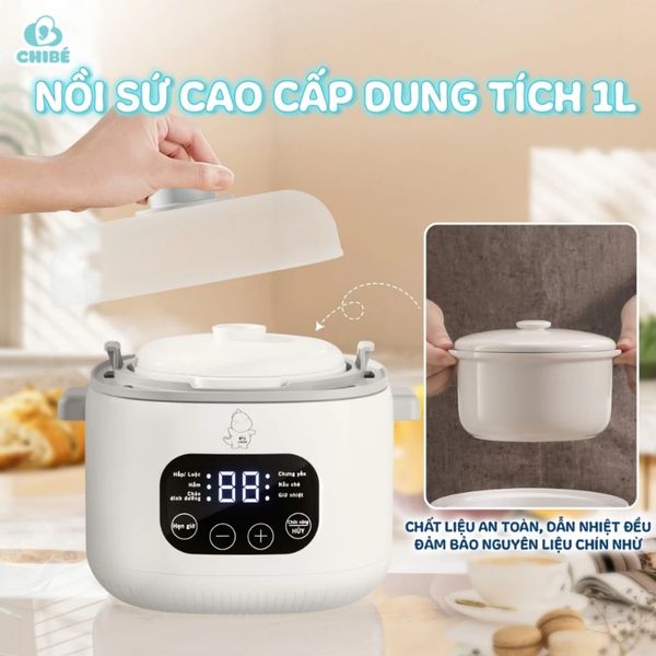 Nồi Nấu Chậm ChiBe Dung Tích 1 Lít CB042, Nấu Cháo, Hấp Luộc Đa Chức Năng Kèm Khay Hấp Tiện Lợi