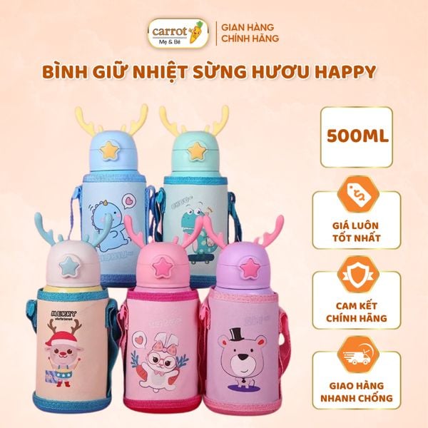 Bình Giữ Nhiệt Kèm Ống Hút Hình Sừng Hươu 500ML Có Vòi Chống Đổ Kèm Túi Đựng Và Cốc Uống Nước