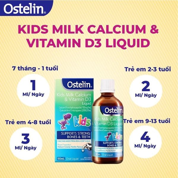Canxi Và Vitamin D3 200IU Dạng Sữa Nước Ostelin Kids Milk Calcium & Vitamin D3 Liquid 90ml Của Úc Cho Bé 7M+