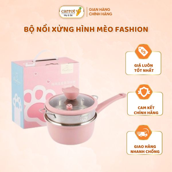 Bộ Nồi Xửng Hình Mèo Fashion, Bộ Nồi Chảo Đá Nấu Ăn Dặm Cho Bé