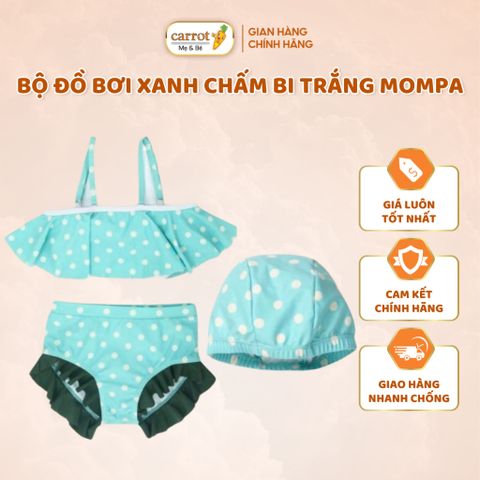 Bộ Đồ Bơi Bé Gái Mompa Xanh Chấm Bi Trắng